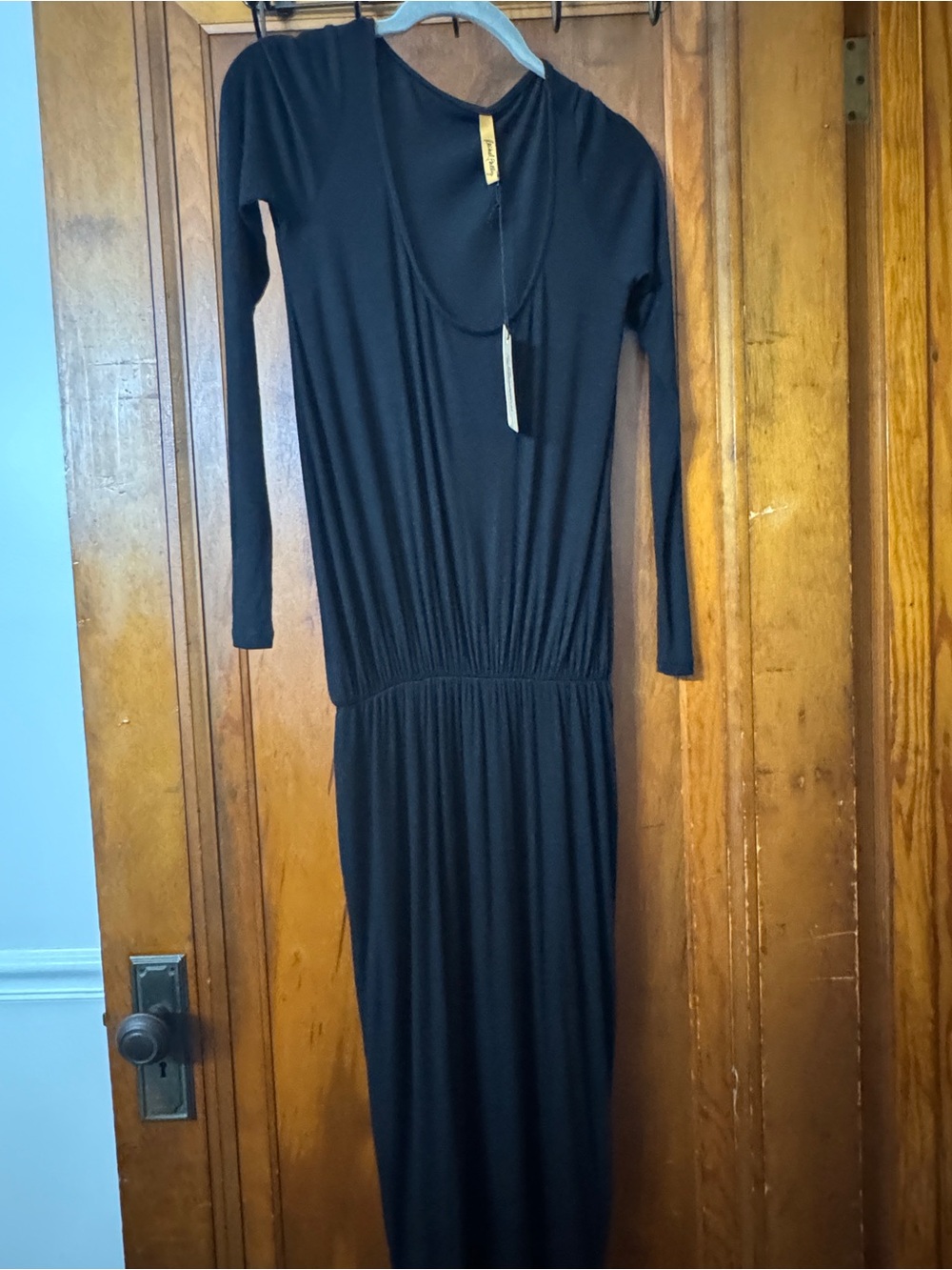 Women's Black Long Sleeve Maxi Dress with Elastic Waist
